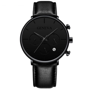 Close-up of Geneva men's quartz watch showing black leather strap and calendar window