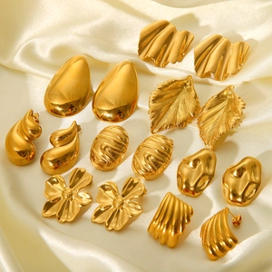 Golden geometric titanium steel earrings with wrinkled textures and vintage designs