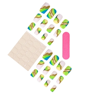 Long French press-on nails set with blue and green abstract patterns and adhesive