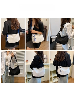 Collage of model showcasing black and white crescent crossbody bags in various styling views