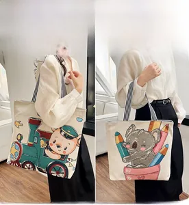 Detail of embroidered canvas tote bag with cartoon bear train and koala pencil holder design