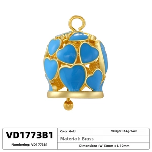 Detail of VD1773B1 blue enamel heart bell pendant in gold brass showing 13x19mm dimensions