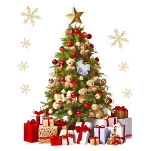 Detail eines Weihnachtsbaums mit Plüschbären, Goldsternen, roten Kugeln und Deko-Boxen