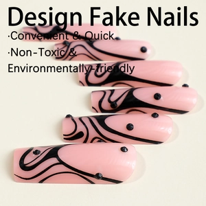 Pink French coffin fake nails with black wavy lines and rhinestones, 24pcs set