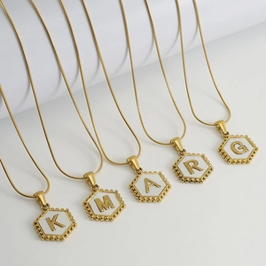 18k gold plated stainless steel hexagonal shell initial pendant necklace for women