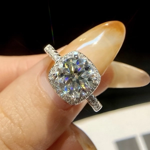 Macro shot of silver S925 sterling silver ring with square-cut moissanite stone