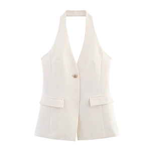 Halter Neck Suit Vest Top Women Backless Deep V Neck Buttoned Front Slim Fit Woven Polyester Waistcoat Beige