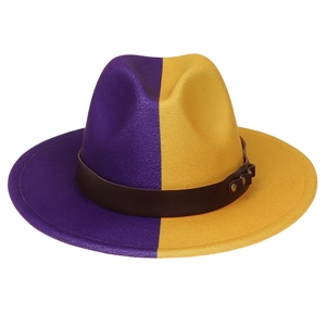 Detail of two-tone wool fedora with purple and gold拼接, featuring brown leather hat band