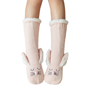 Pink rabbit-style knit floor socks with 3D ears for winter home wear and cozy warmth