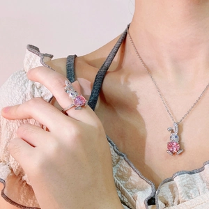 Pink rabbit jewelry set including necklace and ring with sparkling stones for women