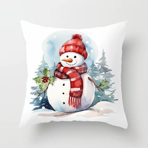 Christmas snowman cushion cover with watercolor art and red scarf for home sofa decor