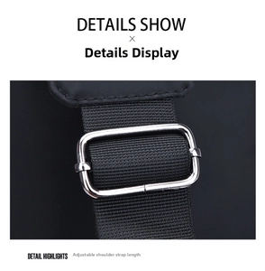 Detail show of adjustable nylon shoulder strap with silver metal buckle on waist bag