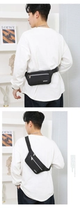 Lifestyle view showing the adjustable black sport waist bag worn on waist and crossbody