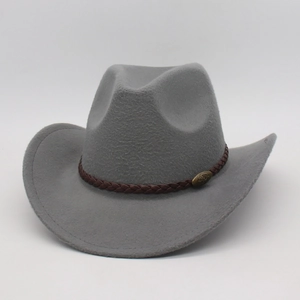 Classic grey felt western cowboy hat with wide brim and brown leather strap buckle
