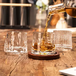 Rotating crystal whiskey glasses set with wooden base and artistic hand-painted textures