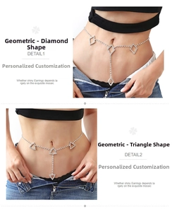 Close-up of geometric rhinestone waist chains featuring diamond and triangle pendants