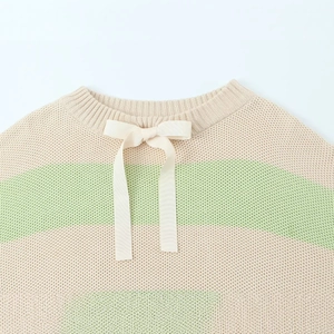 Off-shoulder striped knit sweater with bow tie detail in beige and light green