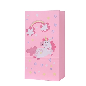 Pink cartoon unicorn gift paper bag with rainbow and stars for birthday parties