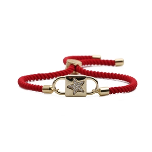 Adjustable red rope bracelet with a gold-plated square star lock pendant and zircon stone