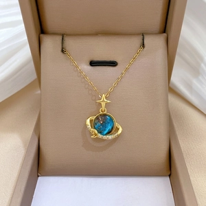 Planet Pendant Necklace Titanium Steel Chain Copper Blue Galaxy Star Moon Cubic Zirconia Elegant Jewelry For Women
