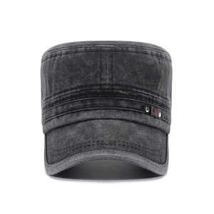 Distressed dark grey washed cotton flat top cadet cap with side metal logo detail