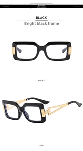 Front and side view of glossy black square glasses with hollow golden metal temples