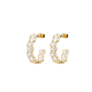 Gold-plated C-shaped stud earrings featuring sparkling oval-cut cubic zirconia stones