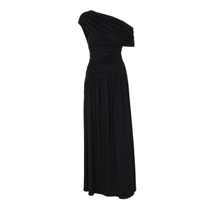 Close-up of the elegant waist pleats and ruched texture on this black off-shoulder maxi dress