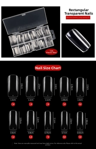 Detailed size chart for full cover clear nail tips with precise measurements in centimeters