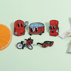 Set mit 5 lustigen roten Emaille-Pins mit schrägen Schulranzen- und Bus-Designs