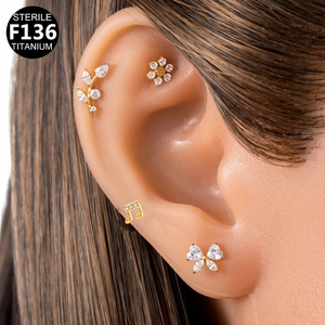 Sterile F136 titanium gold ear studs set with zircon leaf flower and butterfly designs
