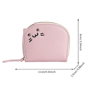 Pink cat-shaped coin purse showing precise dimensions 11x9x2.5cm with lychee texture leather