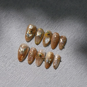 Amber laser butterfly nail stickers with gold foil, pearls and retro 3D art design