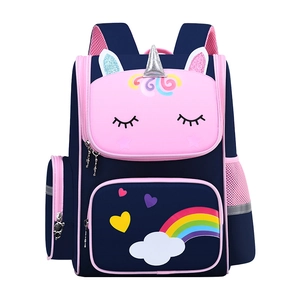 Ergonomic unicorn backpack for girls with navy and pink panels and 3D rainbow design
