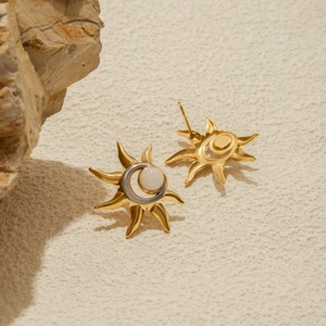 Celestial titanium steel sun and moon stud earrings with opal stone inlay for women