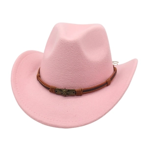 Detail of pink wool cowboy hat with brown braided belt and metallic skull emblem