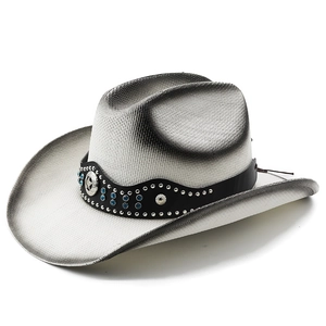 Detail of white cowboy hat with black gradient edge, blue stones, and star badge