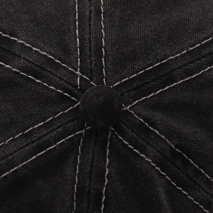 Macro shot of the baseball cap crown showing white contrast stitching and top button detail