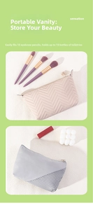 Detail of dumpling-shaped pouch showing capacity for ten eyebrow pencils or makeup items