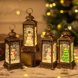 Vintage bronze Christmas lanterns with Santa, Snowman and interior swirling snow effect