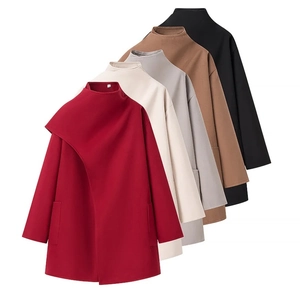 Women Woolen Coat Asymmetrical Shawl Collar Long Sleeve Solid Color Casual Elegant Fashion Outerwear