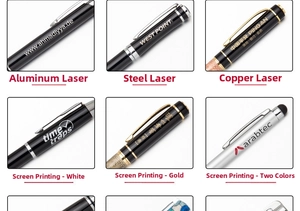 Detail of custom pen printing and laser engraving on aluminum, steel and copper barrels