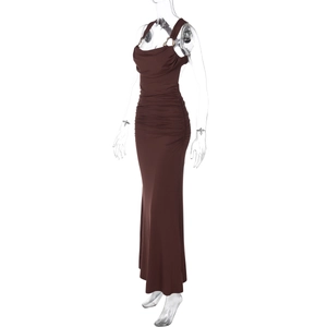 Detail showing the brown ruched bodycon dress with elegant gold metal ring strap accents
