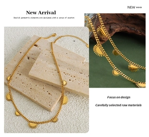 Detail of 18K gold plated titanium necklace featuring geometric semi-circle sunburst pendants