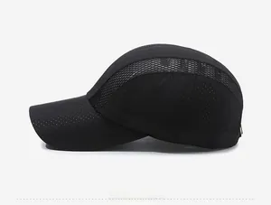 Side view of black breathable sport baseball cap featuring mesh panels and red embroidery