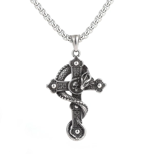 Gothic skull cross pendant with snake wrap in vintage oxidized silver finish with chain