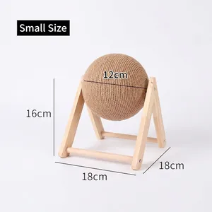 Detailed view of sisal rope cat toy ball on wooden A-frame stand showing 12cm diameter
