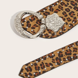 Punk leopard print leather belt with silver rivets and engraved metal buckle