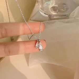 925 Sterling Silver Necklace With Double Water Drop Zircon Pendant Simple Clavicle Chain Jewelry For Women