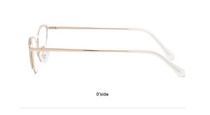 Side view detail of thin gold metal eyewear frame with silicone nose pads and clear lens
